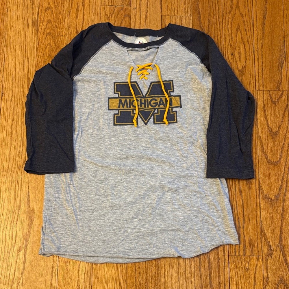 Custom made Baseball Blue and Gray Michigan Raglan Shirt with yellow tie size 16